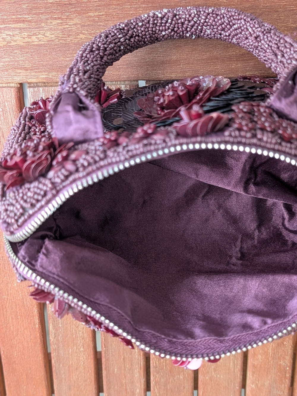Viral Handcrafted In India Fully Beaded Floral Handbag Burgundy Wine 3D Sequin - Picture 2 of 3